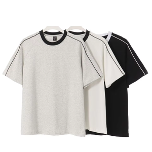 T-shirts pour hommes de marque personnalisée poids lourd 260GSM Double fil pur coton Color-Block Line Simple Loose Casual Design T-Shirts - Product Image 4