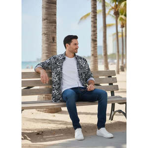Chemise habillée élégante à manches longues pour homme, coupe ajustée, en popeline de soie mélangée, col boutonné, XL - Édition limitée, surchemise de plage - Product Image 4