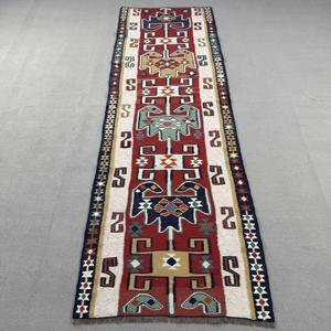 3.3x10 ft <b>Runner</b> Vintage Turkish Rug, <b>Red</b> Animal Print Wool Rug - Product Image 1