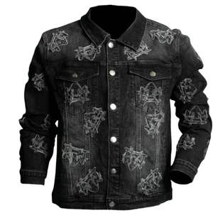 Veste en jean noire pour homme, design délavé, fermeture à boutons, manches longues, style urbain décontracté, vêtement extérieur en jean - Product Image 1