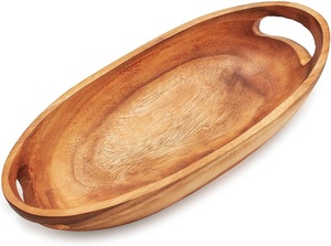 Plateau de service ovale en bois massif de qualité supérieure avec poignées sculptées, finition lisse, pour les collations, le petit-déjeuner, la table de cuisine, la décoration de la maison - Product Image 2