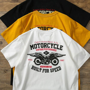 Camiseta de manga corta de verano para hombre, algodón pesado, cuello redondo, informal, con patrón de motocicleta - Product Image 1