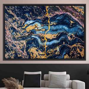 Tableau sur toile imprimé abstrait bleu et or élégant, TOILE ENCADRÉE NOIRE - Product Image 1