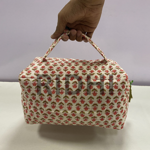 Custom Punch Pink Block Printed Cotton Quilted Travel Toiletry and Makeup <b>Bag</b> Reusable <b>Multipurpose</b> Organizer Pouch for Shopping - Product Image 3