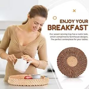 Plateau de service alimentaire rond en rotin le plus vendu de qualité deluxe avec design tissé, parfait pour l'hôtellerie et les repas élégants - Product Image 2