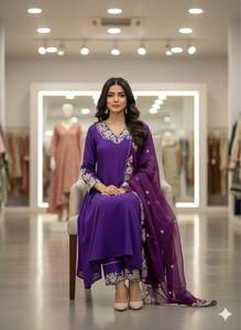 Vêtements ethniques pour femmes, haut et pantalon en soie romaine avec broderie lourde, broderie en soie romaine avec dupatta en organza - Product Image 2