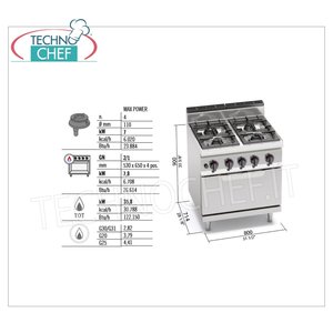 Cuisinière à gaz 4 brûleurs avec four à gaz GN 2/1, 35,8 kW - Product Image 1