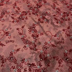 Meilleur prix 100% polyester tissu perlé de luxe fait à la main fournisseur indien motif de maille tissé pour la fabrication de robe de mariée avec Zircon - Product Image 1
