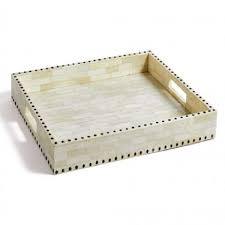 Plateau de service en bois MDF carré antique en métal os blanc naturel avec incrustation bleue élégante plateau de nourriture décoratif unique pour la maison - Product Image 5