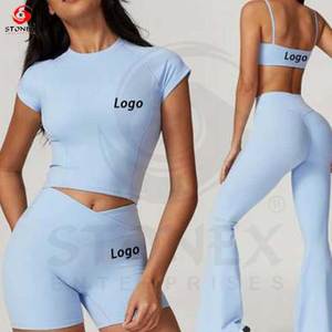 New Arrival <b>Elastic</b> Two-Piece Fitness Sportswear Breathable Tracksuit Scrunch Butt Yoga Set XXL Size Short Sleeve Solid <b>Waist</b> - Product Image 4