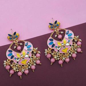 Kriaa Vintage Pink Meenakari and Beads Kundan Dangler Earrings 1314209C <b>Copper</b> Drop Hoop Religious <b>Jewelry</b> for Parties - Product Image 1