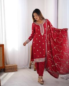 Red Salwar Kameez Dupatta, Pakistani <b>Indian</b> Outfit Dresses, Straight <b>Trouser</b> Kurtis Pant Suits, Gift For Her - Product Image 2