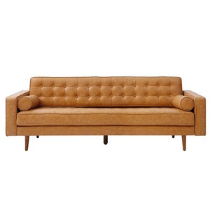 Canapé deux places 06, banc carré capitonné 220x82cm, cuir véritable, coussins marron luxueux, trois places, mobilier de maison - SFB68046 - Product Image 1