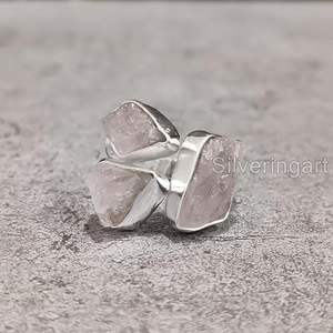 Rough Women's Ring Natural <b>Rose</b> Quartz April Birthstone Triple Stone Adjustable Ring Handmade Jewelry 925 Sterling Silver Ring - Product Image 5
