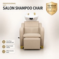 Fauteuil de lavage de cheveux pour salon, beige, avec robinet doré, lavabo en céramique blanc, repose-pieds extensible, réglage manuel