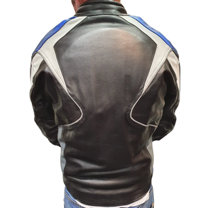 Men's Racing Black/White/Blue Genuine Cowhide Leather Motorbike Jacket With Protections Motorcycle Road Riding Jacket For Men - Product Image 2
