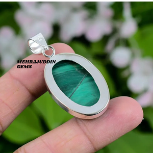 Colgante de Plata de Ley 925 hecho a mano, collar de piedras preciosas de malaquita en forma ovalada con sello 925, joyería encantadora - Product Image 4
