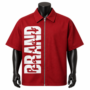 Camisa Oversize Personalizada para Hombre con Cremallera, Manga Corta, Corte Holgado, Estilo Urbano, Estampado de Logotipo Grande, Color Rojo, Venta al por Mayor OEM - Product Image 1