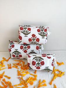 Set 3 Eco-Friendly White Floral Cotton Makeup <b>Bags</b>-Quilted for Wash <b>Bag</b> Hand Block Print Pouch Large Vintage Style Travel - Product Image 2