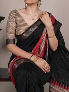 Colección de Saris de Algodón y Poliéster con Estampado Tradicional Indio, con Trabajo de Tejido Zari, para Bodas y Festivales - Product Image 6