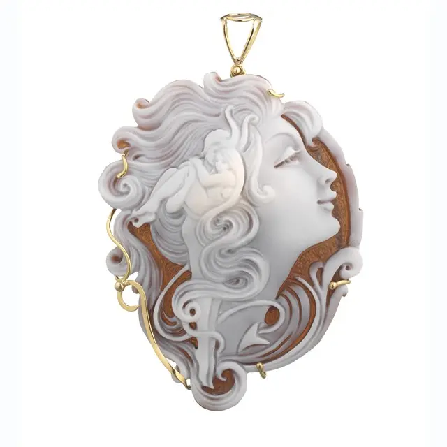 Mặt dây chuyền mặt Cameo trong Sardonyx mm 40/45 được chạm khắc bằng tay và vẽ bằng tay với móc vàng 18kt