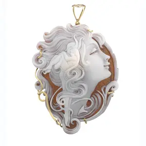 CAMEO FACE PENDANT IN SARDONYX MM 40/45 HAND-ENGRAVED AND HAND-PAINTED HAND-ASSEMBLED WITH 18KT GOLD HOOK