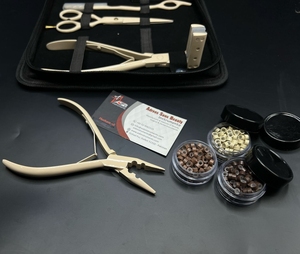 Alicates para extensiones de cabello de acero inoxidable de grado superior de color crema, juego de herramientas con logotipo personalizado con caja de hilo de tijeras - Product Image 6