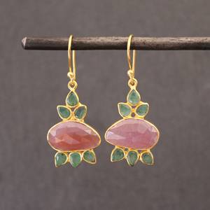 Bijoux pour femmes Boucles d'oreilles en argent sterling 925 avec saphir rose et émeraude verte. - Product Image 1