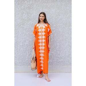 Vestido Maxi Tipo Kaftan Boho 2026, Nuevo, Hermoso, Color Naranja, Elegante, Bordado, 100% Rayón, Media Manga, Cuello en V, Largo hasta el Tobillo - Product Image 5