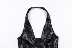 Women Black PU Leather Corset Top With Front <b>Lace</b>-Up Closure And Halter Neck Design - Product Image 3
