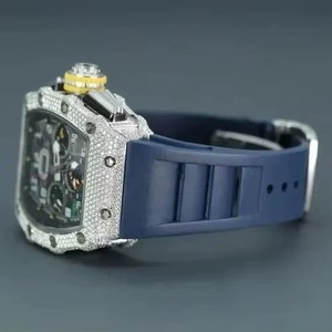 Reloj de Diamantes Cultivados en Laboratorio, Automático, Blanco, Personalizado, de Primera Calidad, Hecho a Mano, Unisex, con Esfera de Cristal y Correa de Silicona Azul - Product Image 3