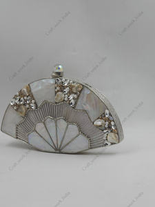 Fan Shape Mother of Pearl Panelled <b>Clutch</b> with Pearl Crystal Inlay <b>Silver</b> Frame Handmade Evening Party <b>Bag</b> <b>for</b> Women - Product Image 2