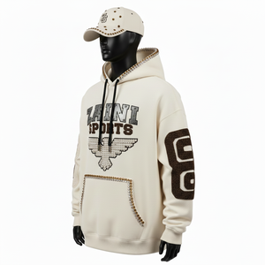 Sweat à capuche pour homme en coton brossé de qualité supérieure, mélange de polaire, ton crème, broderie chenille, logo clouté, sweat-shirts basiques pour homme - Product Image 4