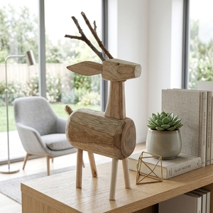 Handcrafted <b>wooden</b> deer anima sculpture <b>rustic</b> teak log branch animal statue reindeer stag table floor accent decoration unit - Product Image 3