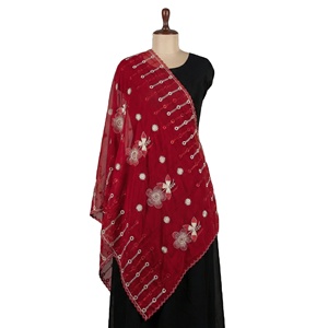 Women's Red Chiffon <b>Shawl</b> Floral Embroidered Lightweight Breathable Ethnic Scarf Daily Wear Hijab <b>Wrap</b> Elegant Style - Product Image 1