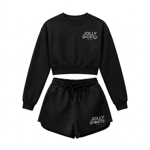 Ensemble sweat-shirt et short en molleton épais pour femme, noir, mélange de coton, logo personnalisé imprimé à chaud. - Product Image 4