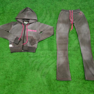 Ensemble de survêtement unisexe en molleton français 100% coton avec logo personnalisé, épaules tombantes, fermeture éclair, lavage à l'acide, sweat-shirt ample et pantalon, 2 pièces - Product Image 1