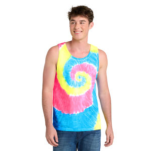 Fashion <b>Tie</b> Dye Tank for Men Vibrant <b>Yellow</b> Pink & Blue Spiral Print Comfortable Fit Custom Logo Clothing Manufacturer - Product Image 1