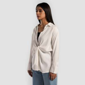 Camisa tipo top cruzada Harmony Outwear blanca con cuello asimétrico de popelina, lino y algodón tejido, holgada, informal y formal, talla XL para otoño y primavera - Product Image 3