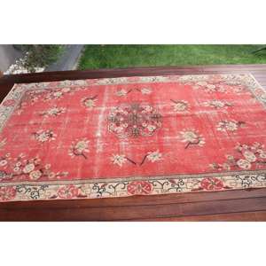 Alfombra Turca Grande de 5.3x9.5 pies, Alfombra de Lana Vintage con Diseño de Plantas y Árboles Rojos - Product Image 3