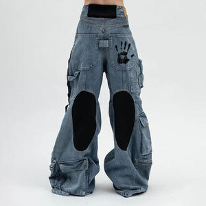 2025 personnalisé haut de gamme Designer Cargo Baggy pour les femmes mi-taille ample jambe large pantalon broderie trou décontracté Denim salopette pour - Product Image 3
