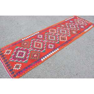 Alfombra Kilim turca Vintage de 32x106 pies, diseño de retazos rojo y verde, Material de lana con respaldo de látex para entrada, habitación de adolescentes - Product Image 2