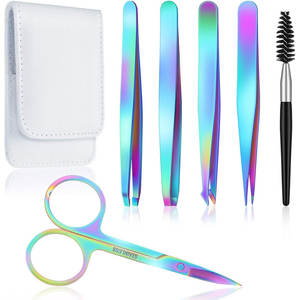 Juego de 6 Pinzas de Acero Inoxidable para Cejas, Tijeras Curvas de Precisión, Cepillo para Pestañas, Herramientas de Belleza para Depilar, Estuche - Product Image 1