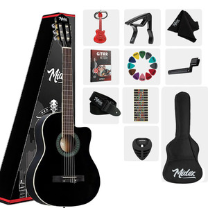 Kit de guitare classique noire 4/4 avec tige de tension réglable, touche en palissandre, sac, sangle, capo, médiators et livre de méthode |   Midex MG - Product Image 1