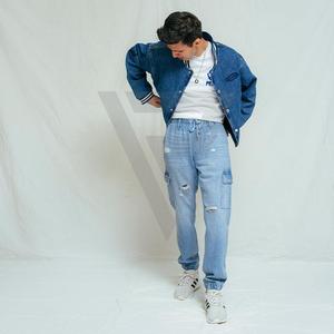 Pantalones vaqueros cargo azules Vintage para hombre, pantalones vaqueros holgados desgastados de algodón 100%, diseño de retazos, puños elásticos, moda OEM 2025 - Product Image 1