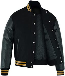 New Varsity Letterman <b>Baseball</b> <b>Bomber</b> <b>Jacket</b> - Vintage Solid Black Wool with Multi-Trim Leather Sleeves - Product Image 2