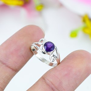 แหวนหินอเมทิสต์ชุบเงินวินเทจสีเงิน925มาใหม่ตัวเรือนทรงกลมการตั้งค่าแหวนพลอยธรรมชาติฝัง - Product Image 2