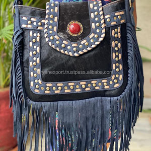 Bolso con flecos de piel de vaca real, bolso de cuero con estilo, pelo en juegos ocultos, bolsos hechos a mano bohemios de piedra en la India - Product Image 5