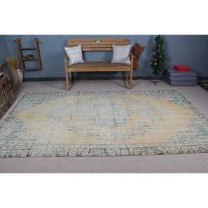 5.5x9.8 ft Rug, Vintage Turkish Rug, <b>Yellow</b> Blue Oriental Rug - Product Image 2