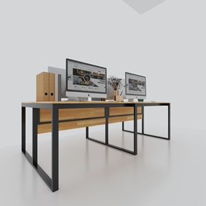 Table de bureau 4 places au design ministériel avec pieds en bois d'hévéa et en fer, dotée d'une barrière de protection sous le plateau - SFBVP003 - Product Image 5